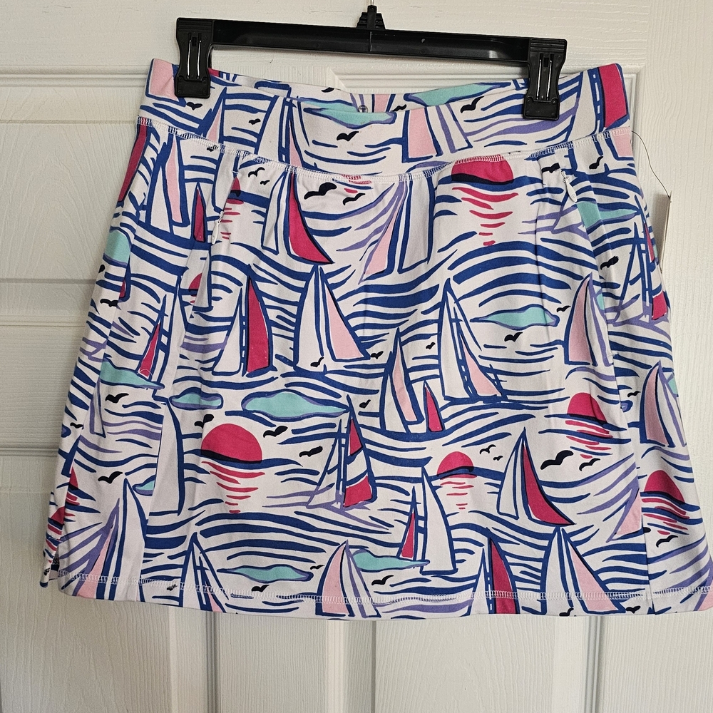 NWT Talbots Nautical Mini Skirt - Blue, Pink, White, Sailboats, Size M